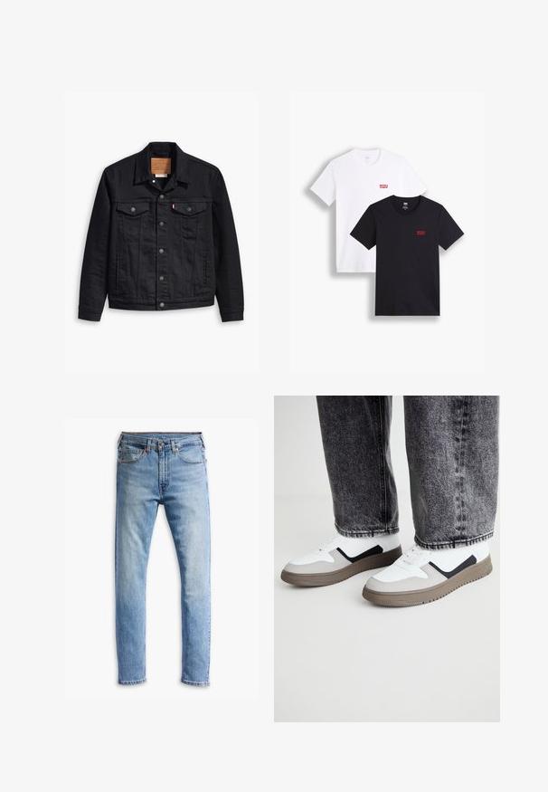Crna traper jakna s klasičnim dizajnom ovratnika, zatvaranjem na gumbe sprijeda, dva džepa na prsima, detaljnim šavovima i kožnom oznakom branda.; Dva majice kratkih rukava: jedna bijela i jedna crna. Obe su od pamuka s crvenim Levi's logotipom na prsima. Jednostavan dizajn s okruglim izrezom.; Svijetloplave traperice s ravnim krojem, pet džepova, zatvaranje na gumb i suptilno izbljeđivanje po tkanini.; Call it Spring FRESHH - Tenisice - multi-coloured
