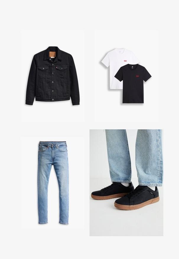 Black denim jacket with a classic collared design, button front closure, two chest pockets, detailed stitching, and a leather brand patch.; Two short-sleeve t-shirts: one white and one black. Both made of cotton with a red Levi's logo on the chest. Simple crew-neck design.; Light blue denim jeans with a straight-cut design, five pockets, button closure, and subtle fading across the fabric.; Black sneakers with a smooth texture and brown rubber soles. Lace-up design with subtle perforations and a slim silhouette.