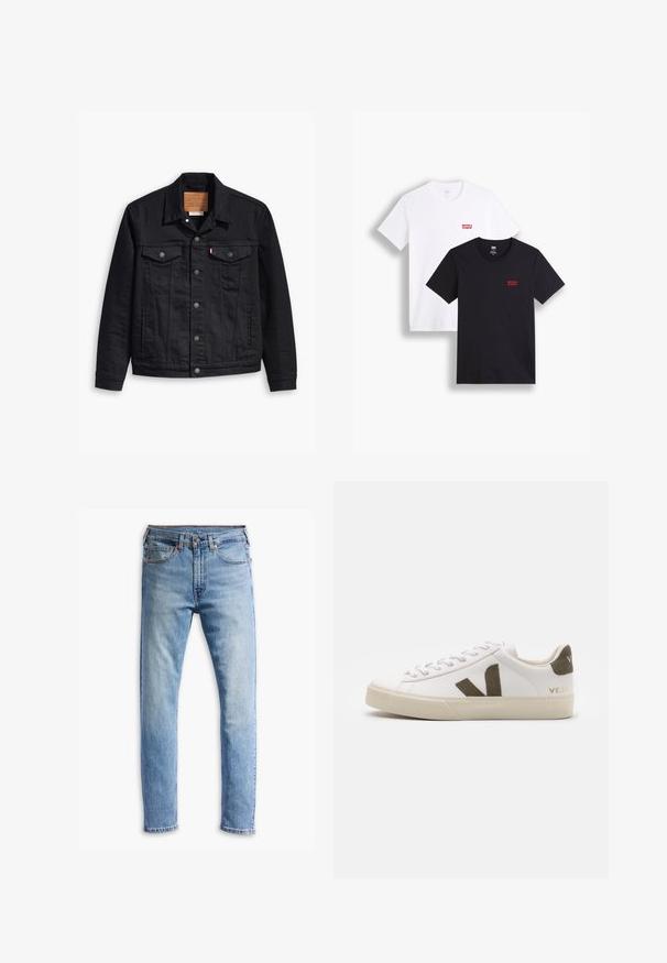 Black denim jacket with a classic collared design, button front closure, two chest pockets, detailed stitching, and a leather brand patch.; Two short-sleeve t-shirts: one white and one black. Both made of cotton with a red Levi's logo on the chest. Simple crew-neck design.; Light blue denim jeans with a straight-cut design, five pockets, button closure, and subtle fading across the fabric.; White leather sneakers with a light beige rubber sole. Features brown suede V logo and heel tab. Laced closure with a textured surface.