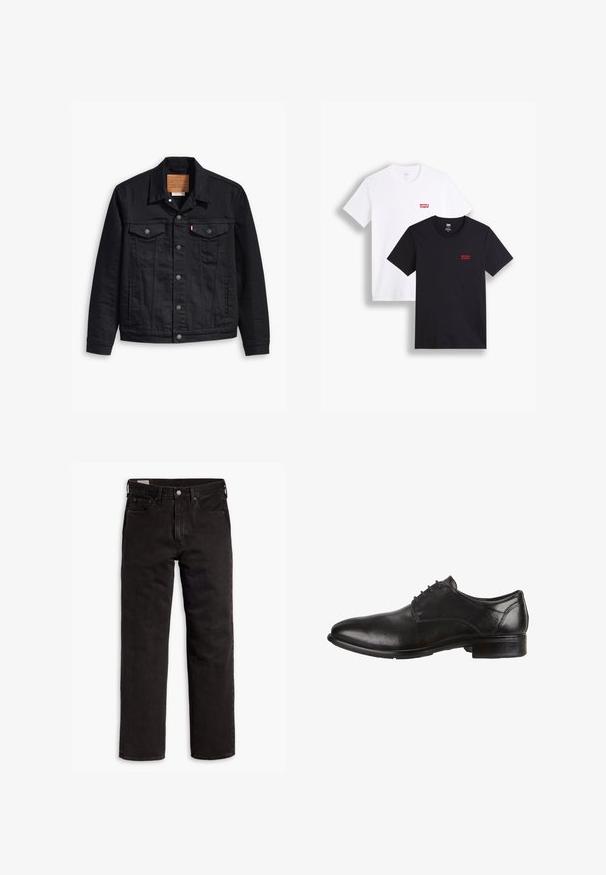 Giacca in denim nera con un design classico con colletto, chiusura frontale a bottoni, due tasche sul petto, cuciture dettagliate e una patch in pelle con il marchio.; Due magliette a maniche corte: una bianca e una nera. Entrambe in cotone con un logo rosso di Levi's sul petto. Design semplice con scollo rotondo.; Jeans in denim neri a gamba dritta con cinque tasche, chiusura a bottone e passanti per cintura, adagiati su uno sfondo bianco.; Scarpe da uomo in pelle nera con finitura liscia, punta rotonda, design con lacci e tacco basso impilato. Accenti di cucitura sottili visibili.