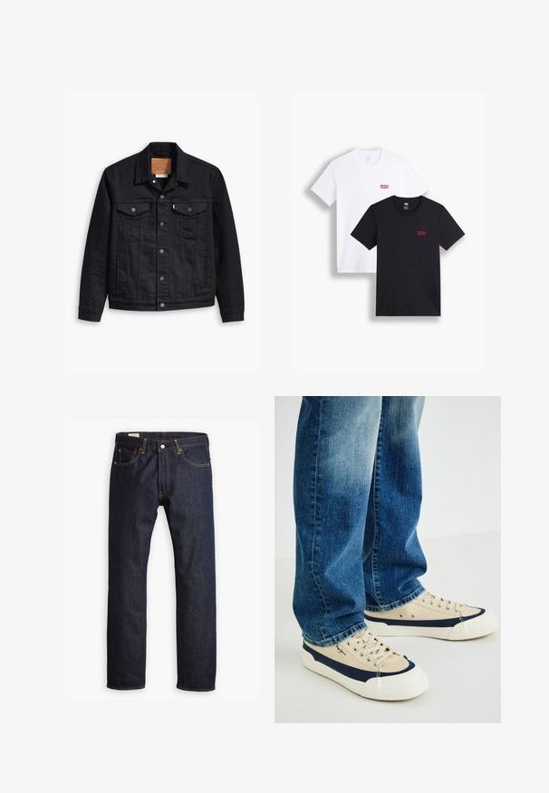 Fekete farmerdzseki klasszikus galléros kialakítással, gombos elülső zárással, két mellzsebbel, részletes varrással és bőr márkajelzéssel.; Két rövid ujjú póló: az egyik fehér, a másik fekete. Mindkettő pamutból készült, a mellkason piros Levi's logóval. Egyszerű, környakú kialakítás.; Sötét kék farmernadrág, egyenes szárú dizájnnal, narancssárga varrással és öt zsebes stílussal, fém gombos záródással.; Beige vászon sportcipők tengerészkék részletekkel, kerek orral, gumitalppal és fűzős kialakítással. Mellettük világoskék, kopott farmernadrág.