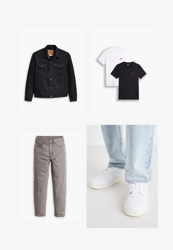 Juodas džinsinis švarkas su klasikinio trajektorijos dizainu, priekyje susagstomas, dviem krūtinės kišenėmis, detaliais siuvinėjimais ir odiniu prekės ženklu.; Du mieli trumpi rankoviai marškiniai: vieni balti, kiti juodi. Abu pagaminti iš medvilnės, su raudona Levi's logotipu ant krūtinės. Paprastas apvalaus kaklo dizainas.; Pilki džinsai su aukštu liemeniu, tiesios kojos dizainu, subtiliu išblukimu, penkiomis kišenėmis ir metaliniu sagčių uždarymu.; Balti odiniai žemi modeliai kedai su perforuota nosimi, plokščiomis raištelėmis ir minimalistiniu dizainu. Suderinti su šviesiai mėlynomis džinsinėmis kelnėmis.