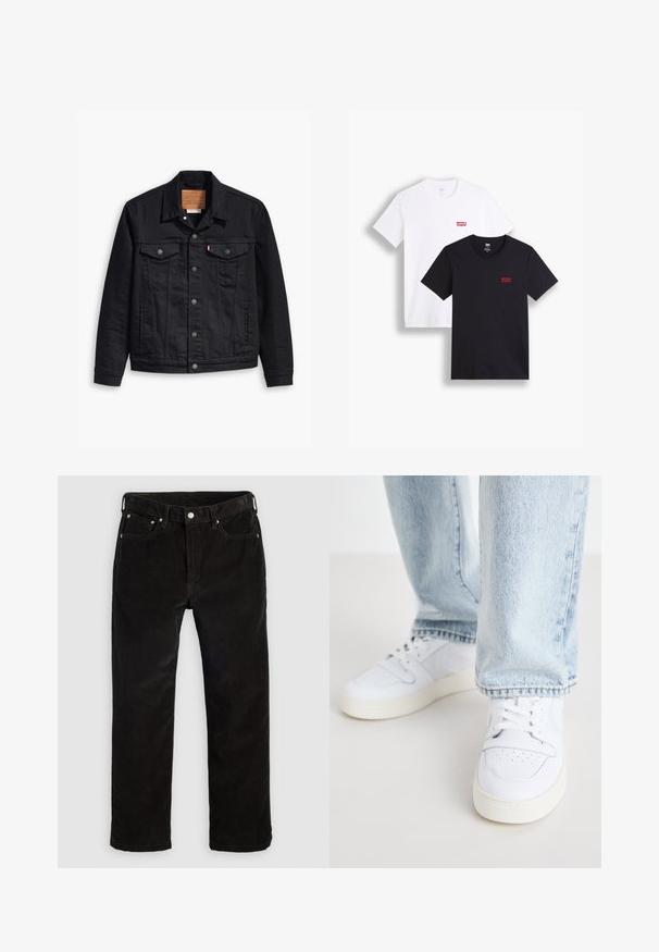 Črna denim jakna s klasičnim ovratnikom, z gumbom spredaj, dvema prsnikoma, podrobnim šivanjem in usnjenim logotipom.; Dve majice s kratkimi rokavi: ena bela in ena črna. Obe iz bombaža s rdečim logotipom Levi's na prsih. Preprost dizajn s krožnim izrezom.; Črne kord skupne hlače s sprednjim gumbom, zadrgo, zankami za pas in petimi žepi na enobarvni svetli podlagi.; Bela usnjena nizka športna obutev z perforiranim prstom, ravnimi vezalkami in minimalističnim dizajnom. Ujemajo se z svetlo modrimi kavbojkami.