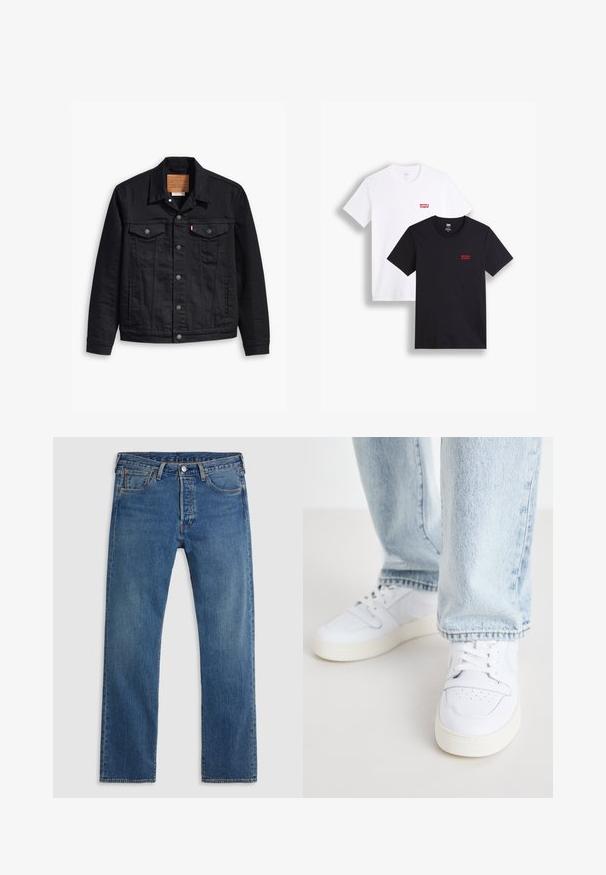 Jaqueta de denim preto com um design clássico de gola, fecho frontal de botão, dois bolsos no peito, costura detalhada e um patch de marca em couro.; Duas t-shirts de mangas curtas: uma branca e uma preta. Ambas feitas de algodão com um logótipo vermelho da Levi's no peito. Design simples de gola redonda.; Jeans de denim retos azuis com cinco bolsos, passadores para cinto e fecho frontal com botão e zipper, sobre um fundo liso.; Sneakers brancos de couro de cano baixo com biqueira perfurada, atacadores planos e design minimalista. Combinados com jeans de ganga de cor azul clara.