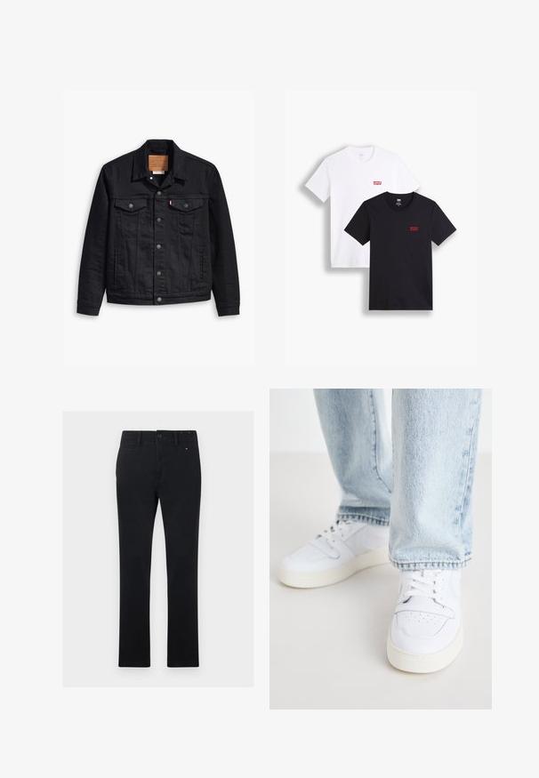 Jaqueta de denim preto com um design clássico de gola, fecho frontal de botão, dois bolsos no peito, costura detalhada e um patch de marca em couro.; Duas t-shirts de mangas curtas: uma branca e uma preta. Ambas feitas de algodão com um logótipo vermelho da Levi's no peito. Design simples de gola redonda.; Calças de algodão pretas com corte reto, apresentando um fecho de botão e zipper, cinco bolsos e detalhes de costura discretos.; Sneakers brancos de couro de cano baixo com biqueira perfurada, atacadores planos e design minimalista. Combinados com jeans de ganga de cor azul clara.