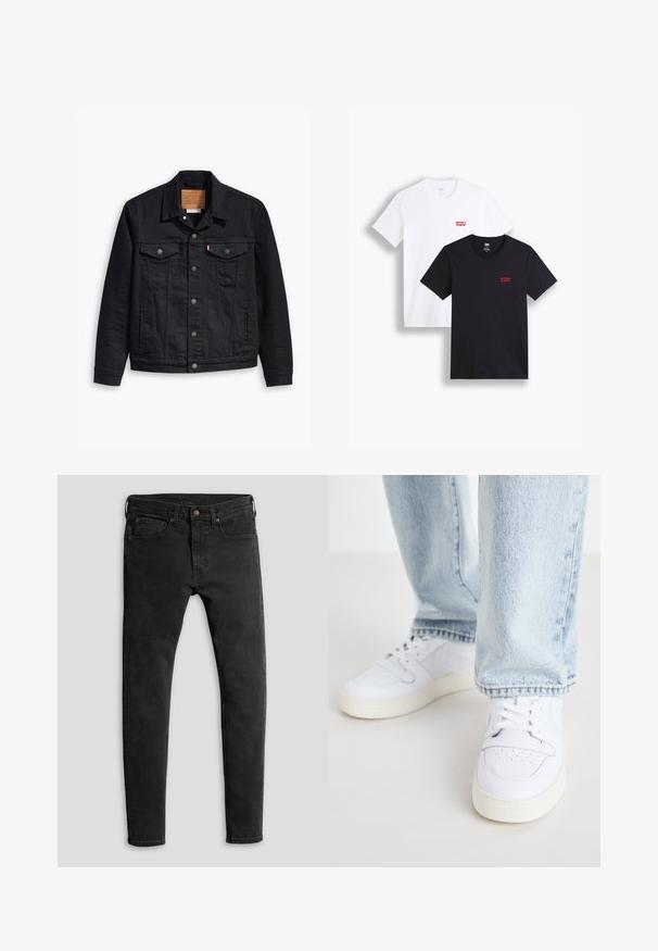 Mustat farkkuhuppu, jossa on klassinen kauluskainalomuotoilu, nappikiinnitys edessä, kaksi rintataskua, yksityiskohtainen ompelu ja nahkabränditunnus.; Kaksi lyhythihaista t-paitaa: yksi valkoinen ja yksi musta. Molemmat puuvillaa, punaisella Levi's-logolla rinnassa. Yksinkertainen pyöreä pääntie.; Kapeat mustat farkut, joissa on matta viimeistely, viiden taskun malli ja perinteinen nappi- ja vetoketjukiinnitys.; Valkoiset nahkakengät matalalla varrella, joissa on reikäkärkinen muotoilu, litteät nauhat ja minimalistinen design. Yhdistetty vaaleansinisiin farkkuihin.