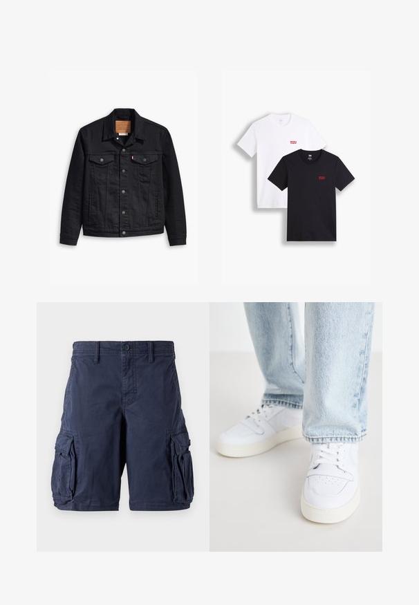 Black denim jacket with a classic collared design, button front closure, two chest pockets, detailed stitching, and a leather brand patch.; Two short-sleeve t-shirts: one white and one black. Both made of cotton with a red Levi's logo on the chest. Simple crew-neck design.; Navy blue cargo shorts made of cotton. Feature multiple side pockets, a button closure, and a relaxed fit. Smooth texture and durable design.; White leather low-top sneakers with perforated toe, flat laces, and minimalistic design. Paired with light blue denim jeans.