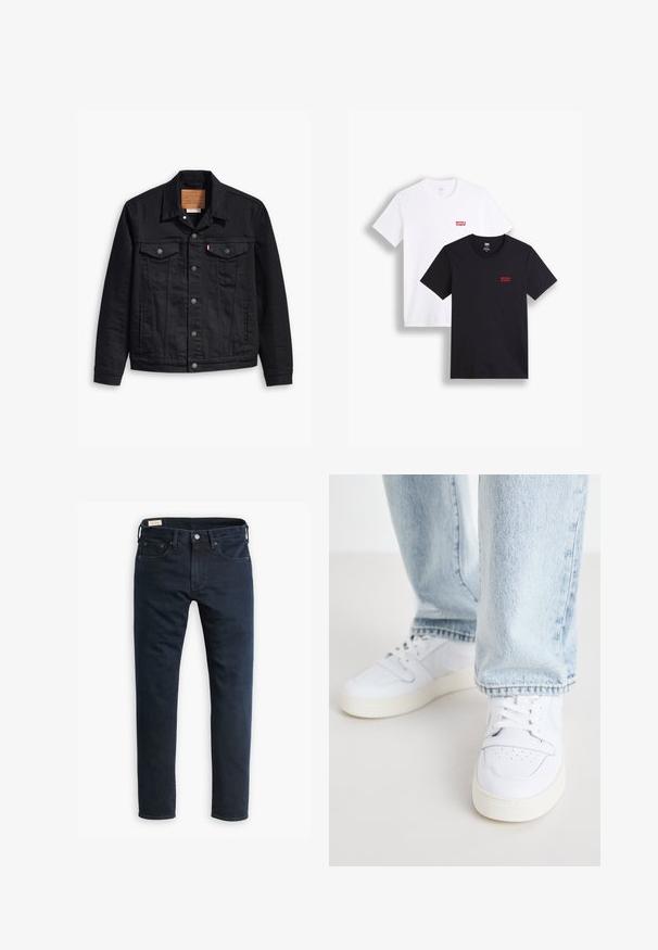 Fekete farmerdzseki klasszikus galléros kialakítással, gombos elülső zárással, két mellzsebbel, részletes varrással és bőr márkajelzéssel.; Két rövid ujjú póló: az egyik fehér, a másik fekete. Mindkettő pamutból készült, a mellkason piros Levi's logóval. Egyszerű, környakú kialakítás.; Sötétkék farmernadrág egyenes szabással, klasszikus, öt zsebes stílussal és fém gombos záródással. Finom varrásokkal és puha textúrával rendelkezik.; Fehér bőr alacsony szárú sportcipők perforált orral, lapos fűzőkkel és minimalista kialakítással. Világoskék farmernadrággal párosítva.