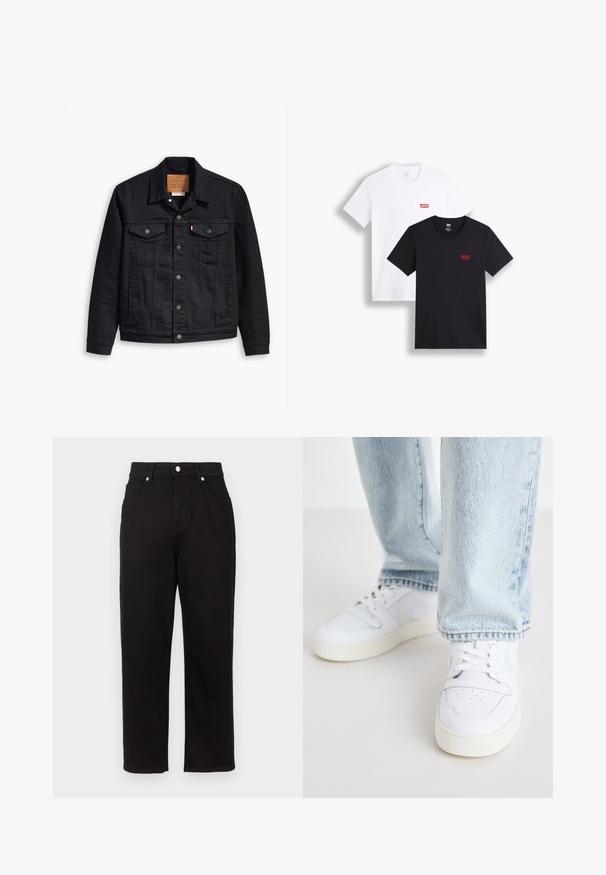 Mustat farkkuhuppu, jossa on klassinen kauluskainalomuotoilu, nappikiinnitys edessä, kaksi rintataskua, yksityiskohtainen ompelu ja nahkabränditunnus.; Kaksi lyhythihaista t-paitaa: yksi valkoinen ja yksi musta. Molemmat puuvillaa, punaisella Levi's-logolla rinnassa. Yksinkertainen pyöreä pääntie.; Mustat farkut suoran lahkeen mallilla, joissa on korkea vyötärö, etutaskut ja hopeiset yksityiskohdat vyötärönauhassa.; Valkoiset nahkakengät matalalla varrella, joissa on reikäkärkinen muotoilu, litteät nauhat ja minimalistinen design. Yhdistetty vaaleansinisiin farkkuihin.