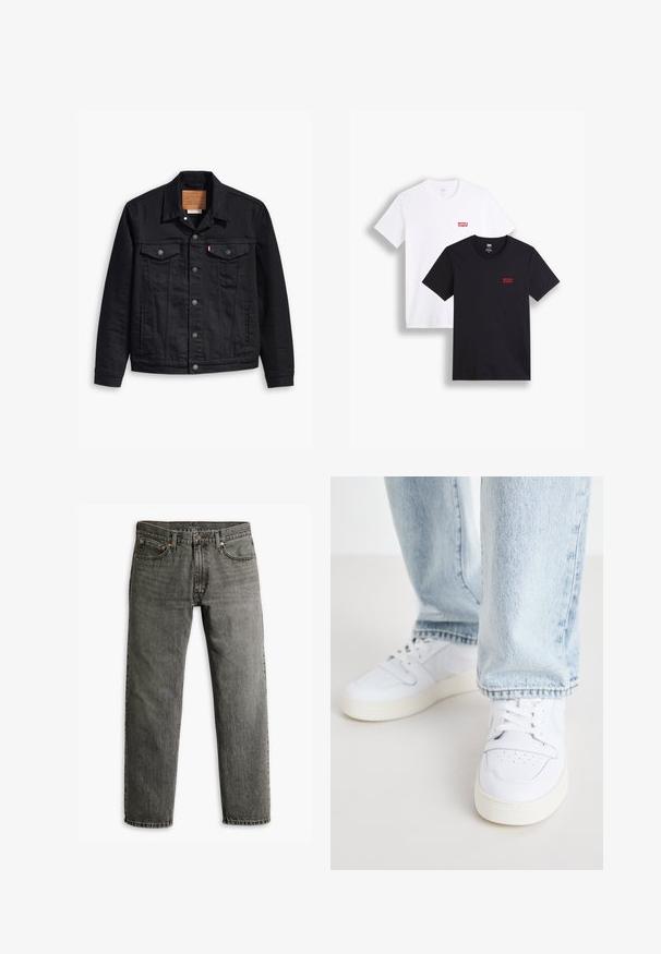 Juodas džinsinis švarkas su klasikinio trajektorijos dizainu, priekyje susagstomas, dviem krūtinės kišenėmis, detaliais siuvinėjimais ir odiniu prekės ženklu.; Du mieli trumpi rankoviai marškiniai: vieni balti, kiti juodi. Abu pagaminti iš medvilnės, su raudona Levi's logotipu ant krūtinės. Paprastas apvalaus kaklo dizainas.; Pilkos džinsinės kelnės su tiesiomis kojomis, klasikiniu penkių kišenių dizainu ir subtiliu siuvinėjimu ant siūlių ir kišenių.; Balti odiniai žemi modeliai kedai su perforuota nosimi, plokščiomis raištelėmis ir minimalistiniu dizainu. Suderinti su šviesiai mėlynomis džinsinėmis kelnėmis.