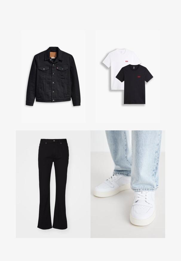 Czarna kurtka dżinsowa z klasycznym kołnierzykiem, zapięciem na guziki, dwiema kieszeniami na piersi, szczegółowym szyciem oraz skórzaną metką z logo.; Dwie koszulki z krótkim rękawem: jedna biała, a druga czarna. Obie wykonane z bawełny z czerwonym logo Levi's na piersi. Prosty design z okrągłym dekoltem.; Czarne dżinsy z wysokim stanem i dzwonowymi nogawkami, z przodu na guziki i pięcioma kieszeniami, wyeksponowane na białym tle.; Białe skórzane sneakersy niskie z perforowanym noskiem, płaskimi sznurowadłami i minimalistycznym designem. Połączone z jasnoniebieskimi dżinsami.