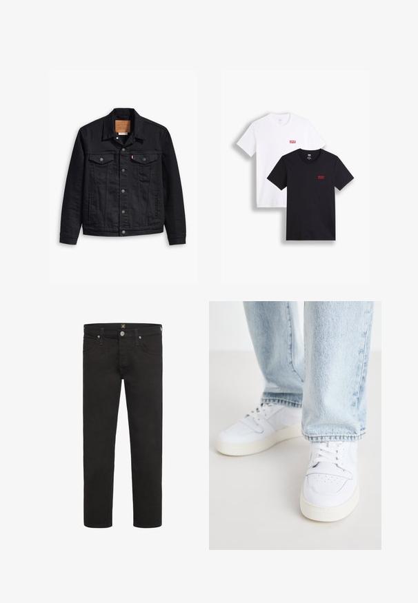 Jaqueta de denim preto com um design clássico de gola, fecho frontal de botão, dois bolsos no peito, costura detalhada e um patch de marca em couro.; Duas t-shirts de mangas curtas: uma branca e uma preta. Ambas feitas de algodão com um logótipo vermelho da Levi's no peito. Design simples de gola redonda.; Jeans pretos de perna reta com fecho de botão e zip, bolsos frontais e traseiros, e passantes para cinto, da marca Lee.; Sneakers brancos de couro de cano baixo com biqueira perfurada, atacadores planos e design minimalista. Combinados com jeans de ganga de cor azul clara.