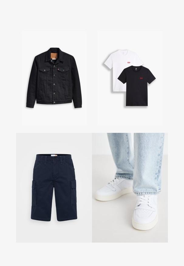 Black denim jacket with a classic collared design, button front closure, two chest pockets, detailed stitching, and a leather brand patch.; Two short-sleeve t-shirts: one white and one black. Both made of cotton with a red Levi's logo on the chest. Simple crew-neck design.; Navy cargo shorts made of cotton, featuring side pockets, a button closure, and stitched detailing. Straight cut with knee-length hem.; White leather low-top sneakers with perforated toe, flat laces, and minimalistic design. Paired with light blue denim jeans.