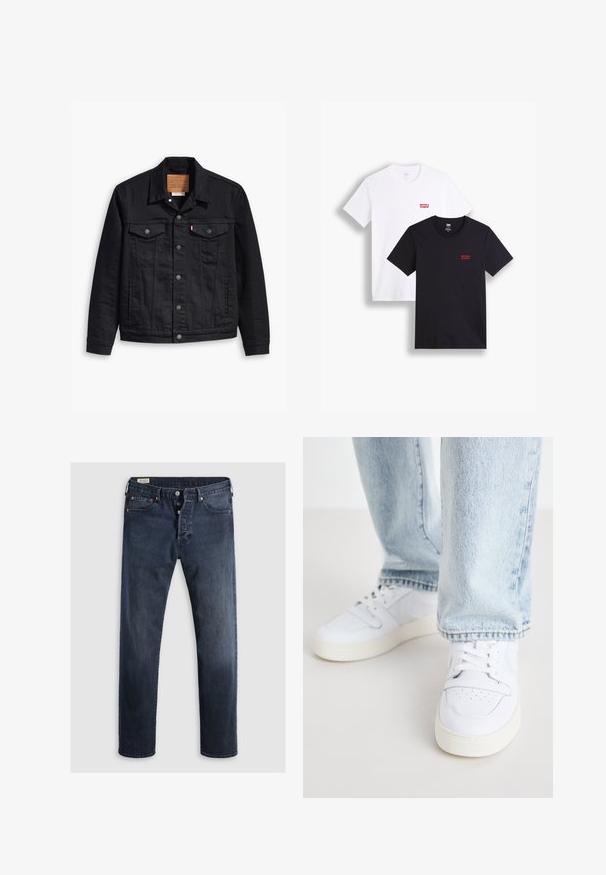 Svart denimjacka med klassisk krage, knappstängning fram, två bröstfickor, detaljerad sömnad och en läderlogg.; Två kortärmade t-shirts: en vit och en svart. Båda är tillverkade av bomull med en röd Levi's-logotyp på bröstet. Enkel design med rund hals.; Mörkblå jeans av denim med rak benpassform, med dragkedja, metallknappar och detaljer av kopparnitar. Slät textur, inga synliga mönster.; Vita lädersneakers i låg modell med perforerat tåparti, platta snörningar och minimalistisk design. I kombination med ljusblå denimjeans.