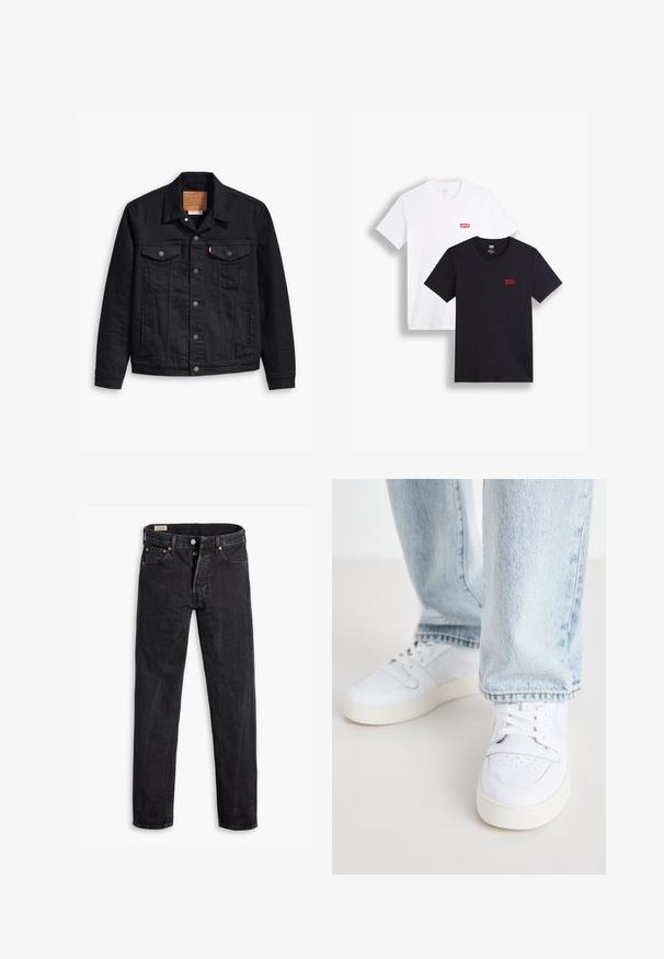 Jacketa din denim negru cu un design clasic cu guler, închidere frontală cu butoane, două buzunare pe piept, cusături detaliate și o etichetă de marcă din piele.; Două tricouri cu mânecă scurtă: unul alb și unul negru. Ambele sunt din bumbac cu un logo roșu Levi's pe piept. Design simplu cu guler rotund.; Blugi negri din denim cu un croi drept. Prezintă cinci buzunare, două închideri cu nasturi în față și o cusătură subtilă în contrast. Textură mată.; Sneakers albe din piele, cu partea superioară joasă, vârful perforat, șireturi plate și un design minimalist. Combinat cu blugi din denim albastru deschis.