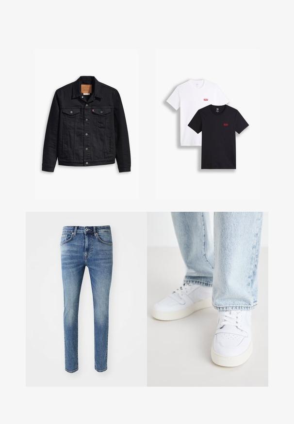 Jaqueta de denim preto com um design clássico de gola, fecho frontal de botão, dois bolsos no peito, costura detalhada e um patch de marca em couro.; Duas t-shirts de mangas curtas: uma branca e uma preta. Ambas feitas de algodão com um logótipo vermelho da Levi's no peito. Design simples de gola redonda.; Jeans de ganga em azul claro desbotado com um corte slim, cinco bolsos, fecho com zíper e botão metálico na cintura.; Sneakers brancos de couro de cano baixo com biqueira perfurada, atacadores planos e design minimalista. Combinados com jeans de ganga de cor azul clara.