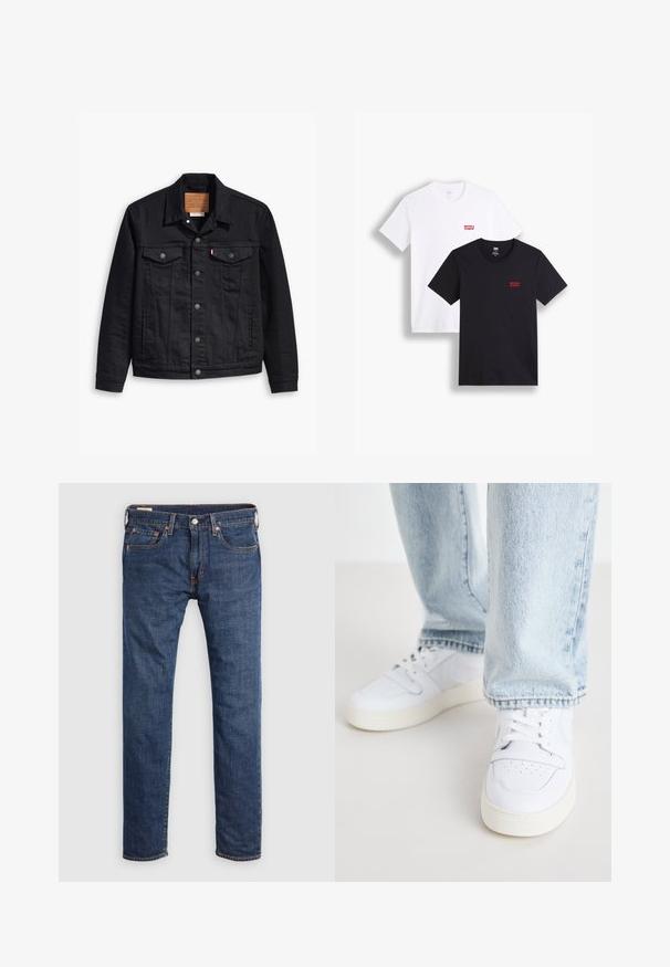 Black denim jacket with a classic collared design, button front closure, two chest pockets, detailed stitching, and a leather brand patch.; Two short-sleeve t-shirts: one white and one black. Both made of cotton with a red Levi's logo on the chest. Simple crew-neck design.; Levi's® 502® TAPER - Jeans Tapered Fit - part the sea ltwt linen+ denim; White leather low-top sneakers with perforated toe, flat laces, and minimalistic design. Paired with light blue denim jeans.