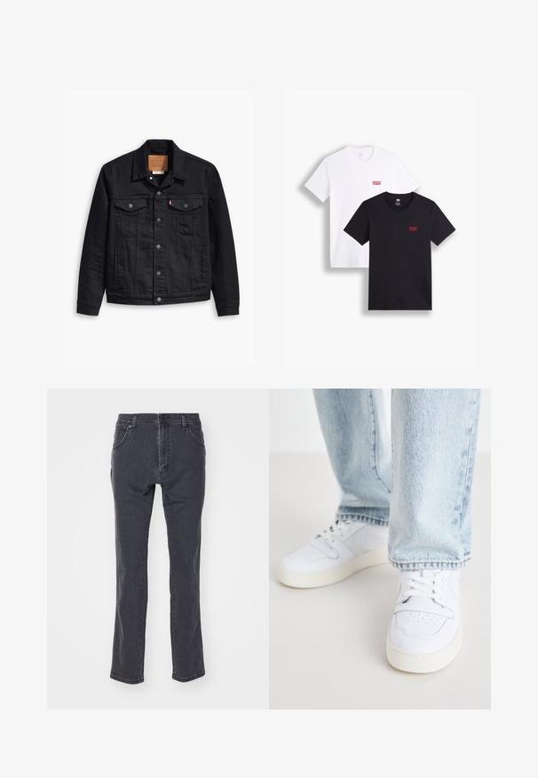 Mustmustükiga musta teksajaki klassikaline kaelus, nööpidega esikinnis, kaks rinna taskut, detailne õmblus ja nahkbrandiga silt.; Kaks lühikeste varrukatega t-särki: üks valge ja teine must. Mõlemad on valmistatud puuvillast ning rinnal on punane Levi's logo. Lihtne ümar kaelus.; Tumedat hallid teksad, mis on valmistatud denimist, sirge jala disainiga, viie taskuga ja klassikalise nupu sulgemisega vöökoht. ; Valged nahast madala profiiliga spordijalatsid, millel on perforatsiooniga varvas, lame paelad ja minimalistlik disain. Koos helesiniste teksadega.