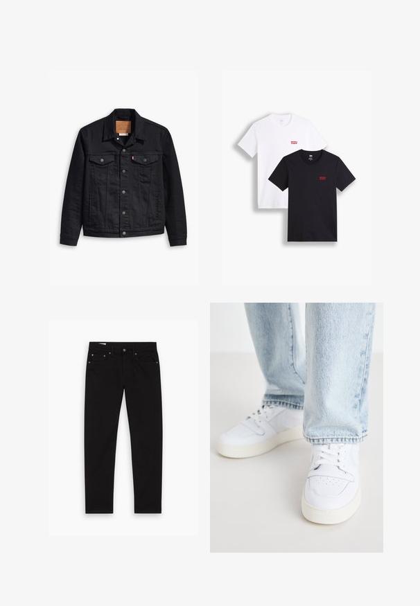 Black denim jacket with a classic collared design, button front closure, two chest pockets, detailed stitching, and a leather brand patch.; Two short-sleeve t-shirts: one white and one black. Both made of cotton with a red Levi's logo on the chest. Simple crew-neck design.; Black straight-leg jeans with front and back pockets, belt loops, and a button and zip closure, laid flat on a white background.; White leather low-top sneakers with perforated toe, flat laces, and minimalistic design. Paired with light blue denim jeans.