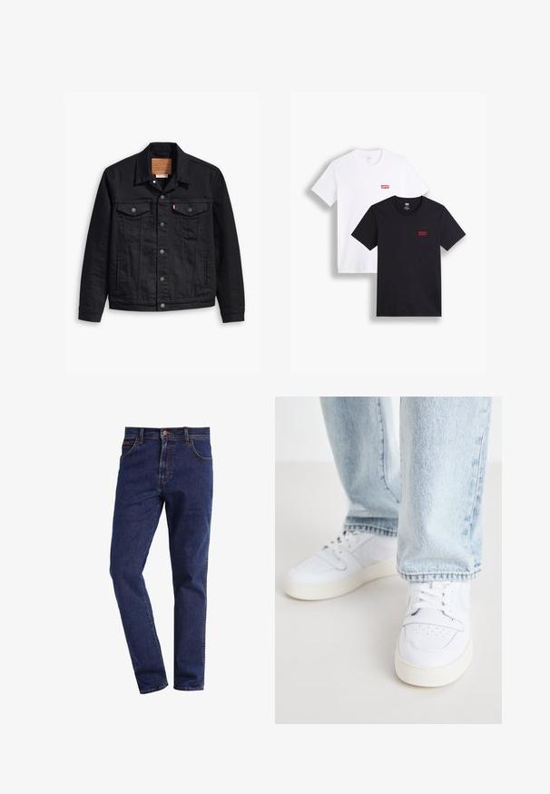 Jaqueta de denim preto com um design clássico de gola, fecho frontal de botão, dois bolsos no peito, costura detalhada e um patch de marca em couro.; Duas t-shirts de mangas curtas: uma branca e uma preta. Ambas feitas de algodão com um logótipo vermelho da Levi's no peito. Design simples de gola redonda.; Jeans de ganga de perna reta em azul escuro, com bolsos frontais, fecho de botão, passantes para cinto e costura visível.; Sneakers brancos de couro de cano baixo com biqueira perfurada, atacadores planos e design minimalista. Combinados com jeans de ganga de cor azul clara.