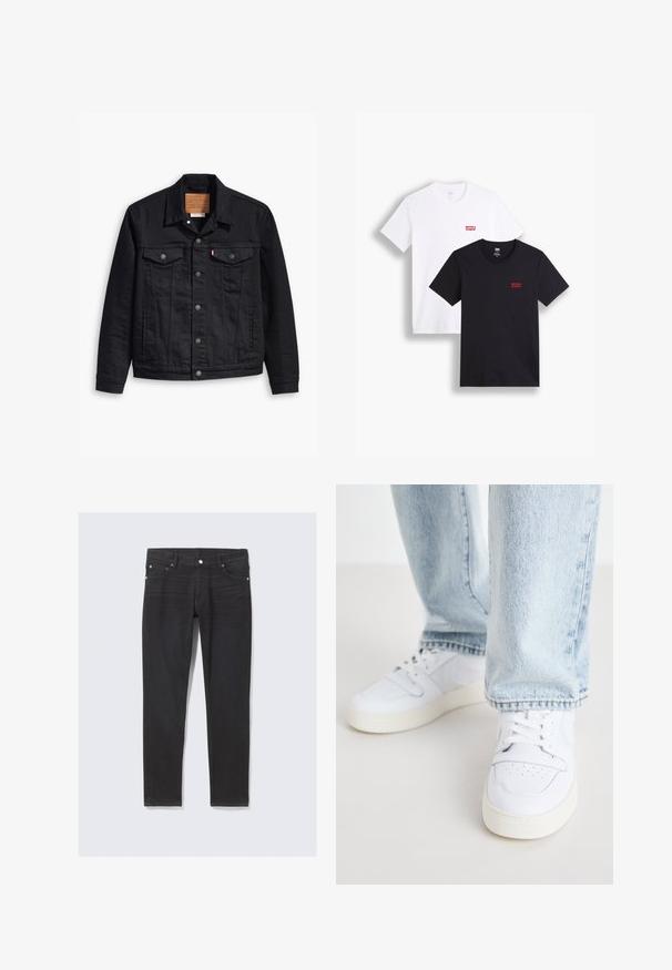 Čierna denimová bunda s klasickým golierom, predným zapínaním na gombíky, dvoma náprsníkovými vreckami, detailným prešívaním a koženou značkovou nášivkou.; Dvoje tričiek s krátkymi rukávmi: jedny biele a jedny čierne. Obe z bavlny s červeným logom Levi's na hrudi. Jednoduchý dizajn s okrúhlym výstrihom.; Čierne denimové nohavice s úzkym strihom, ktoré majú predné vrecká, gombíkový zips a jemné švy pozdĺž bočných švov.; Biele kožené nízke tenisky s perforovanou špičkou, plochými šnúrkami a minimalistickým dizajnom. Skombinované s svetlomodrými džínsami.