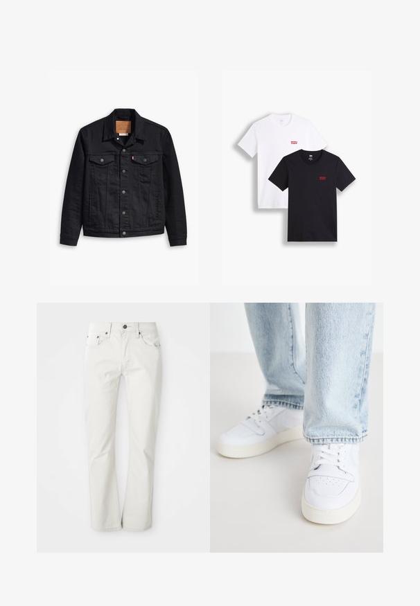 Czarna kurtka dżinsowa z klasycznym kołnierzykiem, zapięciem na guziki, dwiema kieszeniami na piersi, szczegółowym szyciem oraz skórzaną metką z logo.; Dwie koszulki z krótkim rękawem: jedna biała, a druga czarna. Obie wykonane z bawełny z czerwonym logo Levi's na piersi. Prosty design z okrągłym dekoltem.; Jasne dżinsy wykonane z mieszanki bawełny. Prosty krój nogawki z pięcioma kieszeniami i metalowym zapięciem. Gładka tekstura.; Białe skórzane sneakersy niskie z perforowanym noskiem, płaskimi sznurowadłami i minimalistycznym designem. Połączone z jasnoniebieskimi dżinsami.
