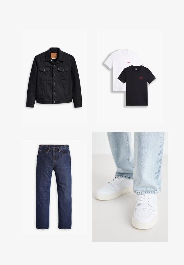 Veste en denim noir avec un design classique à col, fermeture à boutons sur le devant, deux poches poitrine, couture détaillée et une étiquette de marque en cuir.; Deux t-shirts à manches courtes : un blanc et un noir. Tous deux en coton avec un logo rouge de Levi's sur la poitrine. Design simple à col rond.; Jeans en denim droit bleu foncé avec bouton frontal, fermeture à glissière, cinq poches et détails en rivets cuivrés.; Baskets basses en cuir blanc avec un bout perforé, des lacets plats et un design minimaliste. Associées à un jean en denim bleu clair.