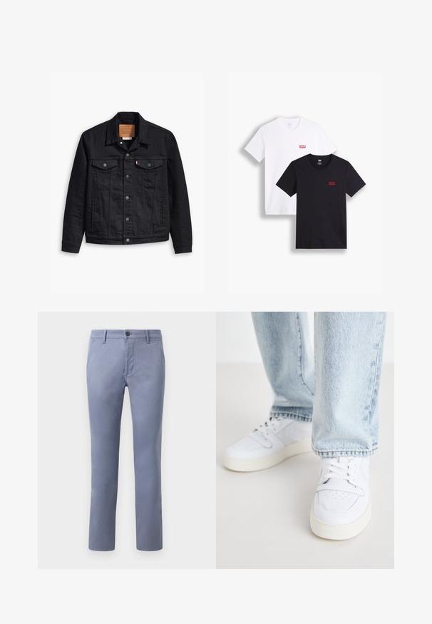 Black denim jacket with a classic collared design, button front closure, two chest pockets, detailed stitching, and a leather brand patch.; Two short-sleeve t-shirts: one white and one black. Both made of cotton with a red Levi's logo on the chest. Simple crew-neck design.; Light blue cotton chinos with a slim fit, featuring a button closure, belt loops, and side pockets, smooth texture, and straight legs.; White leather low-top sneakers with perforated toe, flat laces, and minimalistic design. Paired with light blue denim jeans.