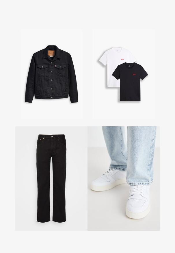 Mustat farkkuhuppu, jossa on klassinen kauluskainalomuotoilu, nappikiinnitys edessä, kaksi rintataskua, yksityiskohtainen ompelu ja nahkabränditunnus.; Kaksi lyhythihaista t-paitaa: yksi valkoinen ja yksi musta. Molemmat puuvillaa, punaisella Levi's-logolla rinnassa. Yksinkertainen pyöreä pääntie.; Musta suoralahkeinen farkut, jotka on valmistettu puuvillasta. Ominaisuuksiin kuuluu viisi taskua, metallinen nappi ja oranssi ommeltu korostus etupuolella.; Valkoiset nahkakengät matalalla varrella, joissa on reikäkärkinen muotoilu, litteät nauhat ja minimalistinen design. Yhdistetty vaaleansinisiin farkkuihin.