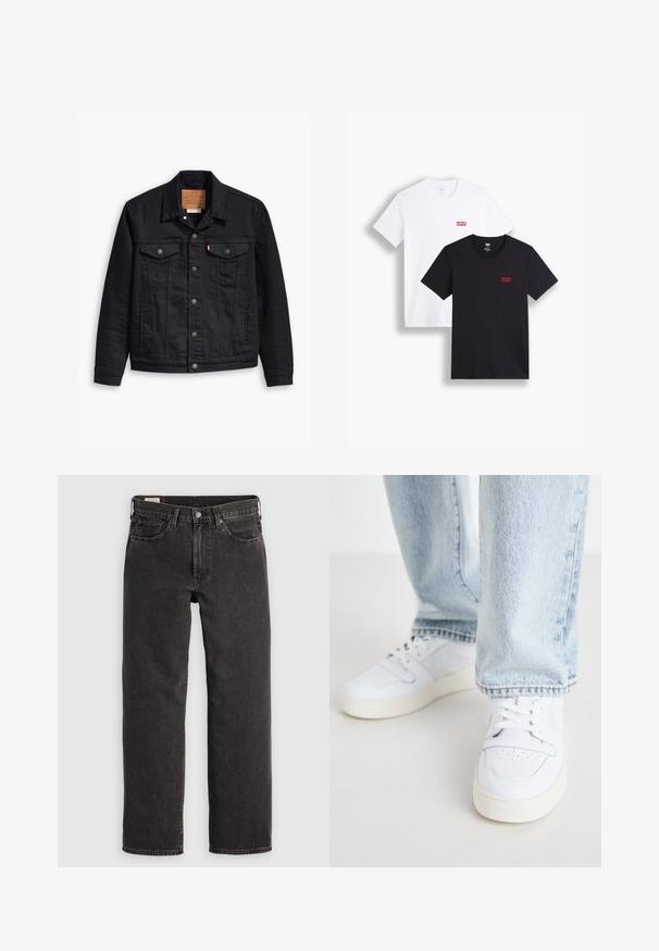 Jaqueta de denim preto com um design clássico de gola, fecho frontal de botão, dois bolsos no peito, costura detalhada e um patch de marca em couro.; Duas t-shirts de mangas curtas: uma branca e uma preta. Ambas feitas de algodão com um logótipo vermelho da Levi's no peito. Design simples de gola redonda.; Calças de jeans pretas com um design de perna reta, cinco bolsos e elementos em metal. O tecido tem uma leve textura e um acabamento em cor sólida.; Sneakers brancos de couro de cano baixo com biqueira perfurada, atacadores planos e design minimalista. Combinados com jeans de ganga de cor azul clara.