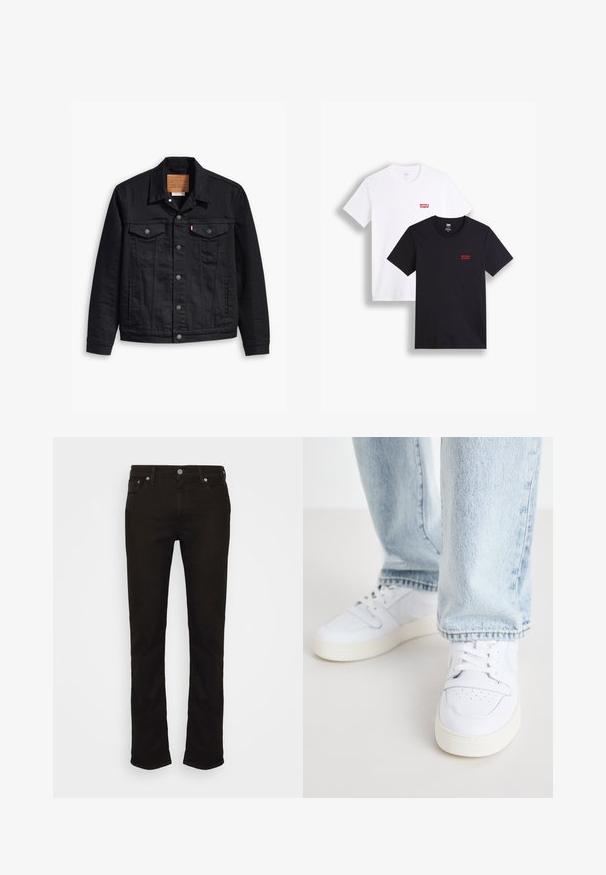 Melnas denima jaka ar klasisku apkakles dizainu, pogu aizdari priekšpusē, divām krūšu kabatām, detalizētu izšuvumu un ādas zīmola uzlīmi.; Divi īsās piedurkņu t-krekli: viens balts un viens melns. Abus izgatavoti no kokvilnas ar sarkano Levi's logo uz krūšu. Vienkārša apaļa kakla dizaina.; Melnas džinsa bikses ar taisnu kāju griezumu, ar klasisku piecu kabatu dizainu, metāla pogu aizdari un smalkām šuvju detaļām.; Biezi balti ādas apavi līdz potītei ar perforētu purngalu, plakaniem šņorēm un minimālistisku dizainu. Saskaņoti ar gaiši ziliem džinsiem.