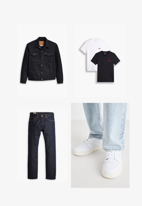 Črna denim jakna s klasičnim ovratnikom, z gumbom spredaj, dvema prsnikoma, podrobnim šivanjem in usnjenim logotipom.; Dve majice s kratkimi rokavi: ena bela in ena črna. Obe iz bombaža s rdečim logotipom Levi's na prsih. Preprost dizajn s krožnim izrezom.; Temno modri kavbojki z ravnim krojem, oranžnim šivom in petimi žepi ter kovinskim gumbom za zapiranje.; Bela usnjena nizka športna obutev z perforiranim prstom, ravnimi vezalkami in minimalističnim dizajnom. Ujemajo se z svetlo modrimi kavbojkami.