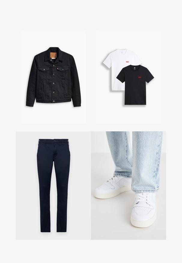 Czarna kurtka dżinsowa z klasycznym kołnierzykiem, zapięciem na guziki, dwiema kieszeniami na piersi, szczegółowym szyciem oraz skórzaną metką z logo.; Dwie koszulki z krótkim rękawem: jedna biała, a druga czarna. Obie wykonane z bawełny z czerwonym logo Levi's na piersi. Prosty design z okrągłym dekoltem.; Granatowe bawełniane spodnie o prostym kroju, z standardowym paskiem w talii i pięcioma kieszeniami. Gładka tekstura z minimalnymi detalami szwów.; Białe skórzane sneakersy niskie z perforowanym noskiem, płaskimi sznurowadłami i minimalistycznym designem. Połączone z jasnoniebieskimi dżinsami.