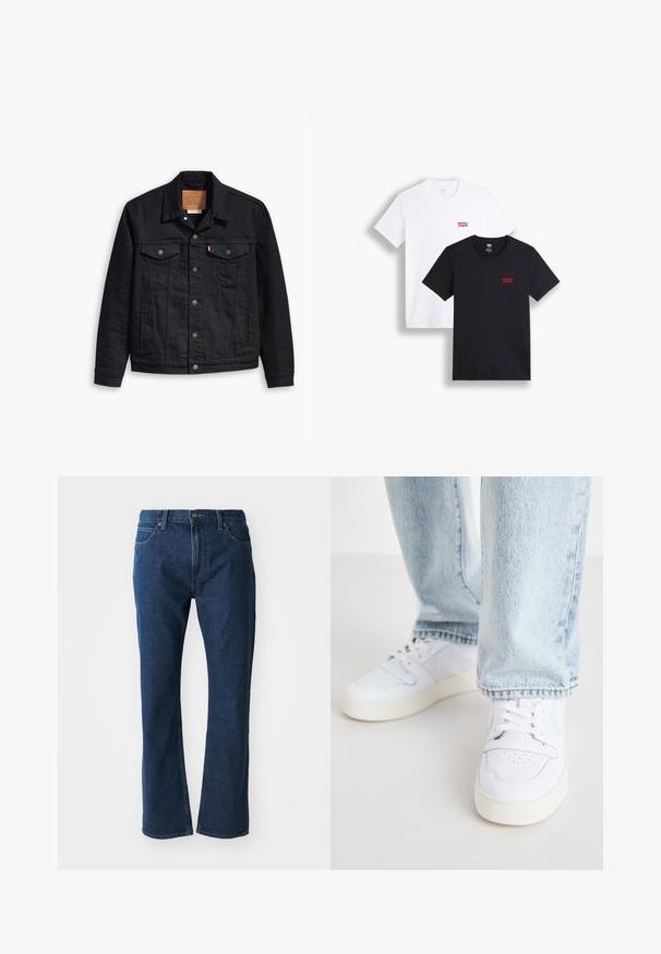 Chaqueta de mezclilla negra con un diseño clásico de cuello, cierre frontal de botones, dos bolsillos en el pecho, costuras detalladas y una etiqueta de marca de cuero.; Dos camisetas de manga corta: una blanca y una negra. Ambas de algodón con un logo rojo de Levi's en el pecho. Diseño simple de cuello redondo.; Vaqueros de mezclilla azul oscuro con corte recto, cierre frontal de botón y cremallera, trabillas para cinturón y bolsillos delanteros y traseros.; Zapatillas bajas de cuero blanco con puntera perforada, cordones planos y diseño minimalista. Combinadas con pantalones vaqueros de mezclilla azul claro.