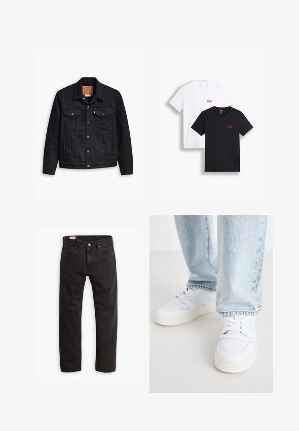 Mustmustükiga musta teksajaki klassikaline kaelus, nööpidega esikinnis, kaks rinna taskut, detailne õmblus ja nahkbrandiga silt.; Kaks lühikeste varrukatega t-särki: üks valge ja teine must. Mõlemad on valmistatud puuvillast ning rinnal on punane Levi's logo. Lihtne ümar kaelus.; Mustadest denimist püksid sirge lõikega, klassikalise viie taskuga disainiga, diskreetse õmblusega ja metallnööriga sulgemisega.; Valged nahast madala profiiliga spordijalatsid, millel on perforatsiooniga varvas, lame paelad ja minimalistlik disain. Koos helesiniste teksadega.