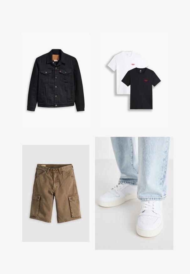 Mustmustükiga musta teksajaki klassikaline kaelus, nööpidega esikinnis, kaks rinna taskut, detailne õmblus ja nahkbrandiga silt.; Kaks lühikeste varrukatega t-särki: üks valge ja teine must. Mõlemad on valmistatud puuvillast ning rinnal on punane Levi's logo. Lihtne ümar kaelus.; Pruunid cargo lühikesed püksid, mis on valmistatud puuvillast, sisaldavad kahte külge taskut klappidega, nööbiga vöökoht ja lõdvestatud fit. Sile tekstuur.; Valged nahast madala profiiliga spordijalatsid, millel on perforatsiooniga varvas, lame paelad ja minimalistlik disain. Koos helesiniste teksadega.