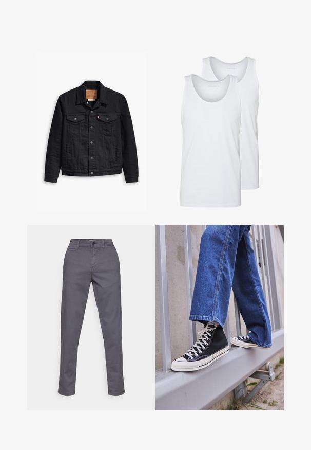 Črna denim jakna s klasičnim ovratnikom, z gumbom spredaj, dvema prsnikoma, podrobnim šivanjem in usnjenim logotipom.; Bele majice iz belega bombaža z okroglimi izrezi, ki se ponašajo z gladko teksturo. Prikazane so dve kosu, označeni z "PIER ONE."; Sive bombažne hlače ravnega kroja, z gumbnim zapiranjem, pasnimi zankami in stranskimi žepi. Gladka tekstura in brez vidnih vzorcev.; Črne visoke teniske z belim podplatom in vezalkami, v kombinaciji z ohlapnimi modrimi džinsom, naslonjene na sivo ograjo.