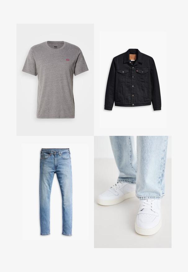 Črna denim jakna s klasičnim ovratnikom, z gumbom spredaj, dvema prsnikoma, podrobnim šivanjem in usnjenim logotipom.; Siva kratka majica s kratkimi rokavi iz mešanice bombaža. Ima okroglo izrezano ovratnik in majhen rdeč logo Levi's na levem prsnem delu. Mehka tekstura.; Svetlo modri kavbojki z ravnim krojem, petimi žepi, gumbom za zapiranje in subtilnim zbledelostjo po tkanini.; Bela usnjena nizka športna obutev z perforiranim prstom, ravnimi vezalkami in minimalističnim dizajnom. Ujemajo se z svetlo modrimi kavbojkami.