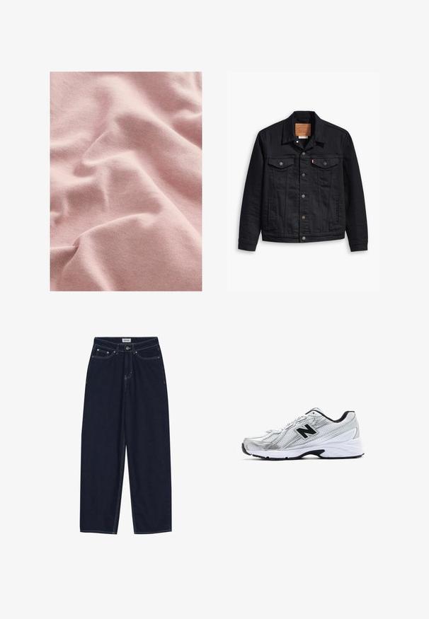 Zwarte denimjas met een klassiek kraagontwerp, knopen sluiting aan de voorkant, twee borstzakken, gedetailleerde stiksels en een leren merkpatch.; Zacht, textuur rijk roze stof met een gebreid patroon, vertonend zachte plooien en draperingen. Ideaal voor kleding of zachte woningtextielen.; Donkerblauwe denim wijde broek met contrasterende stiksels, voorzakken en een knoopsluiting. Strakke, rechte snit zonder versieringen.; Zilveren sportschoen van mesh-materiaal, met zwarte accenten, geperforeerd ontwerp en een gewatteerde witte zool. Bevat een prominent 'N' logo.