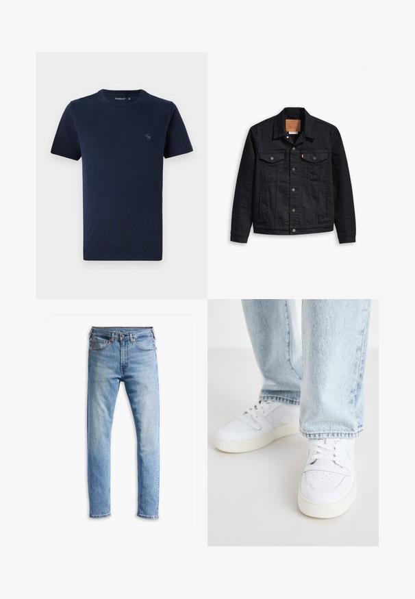 Svart denimjakke med klassisk krage-design, knappelukking foran, to brystlommer, detaljerte sting og et lærmerke.; Marineblå bomulls t-skjorte med korte ermer, rund hals, med en liten brodert hjortelogo på venstre bryst. Glatt tekstur.; Lyseblå denimjeans med rett snitt, fem lommer, knappelukking og subtil falming over stoffet.; Hvite lær lave sneakers med perforert tå, flate lisser og minimalistisk design. Kombinert med lyseblå denimjeans.