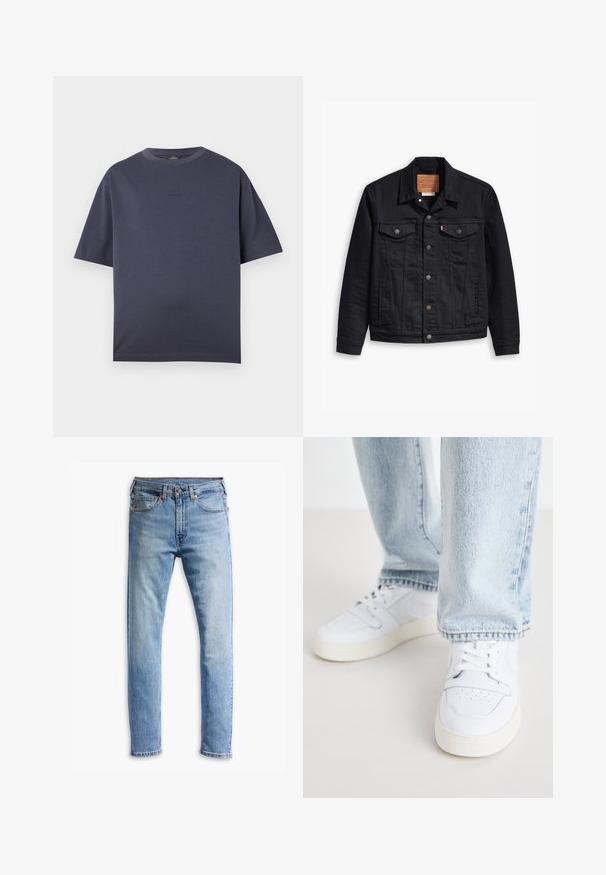 Schwarze Denimjacke mit klassischem Kragendesign, Knopfleiste, zwei Brusttaschen, detaillierter Stickerei und einem Leder-Logo-Patch.; Marineblaues T-Shirt mit kurzen Ärmeln aus weichem Baumwollmix. Rundhalsausschnitt, lockere Passform mit einem dezenten geprägten Logo auf der Brust.; Hellblaue Jeans aus Denim mit geradem Schnitt, fünf Taschen, Knopfverschluss und subtiler Ausbleichung über den Stoff.; Weiße Leder-Low-Top-Sneaker mit perforierter Zehenpartie, flachen Schnürsenkeln und minimalistischem Design. Kombiniert mit hellblauen Jeans.