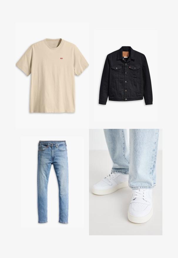 Melnas denima jaka ar klasisku apkakles dizainu, pogu aizdari priekšpusē, divām krūšu kabatām, detalizētu izšuvumu un ādas zīmola uzlīmi.; Bežs kokvilnas T-krekls ar īsām piedurknēm, apaļu kakla izgriezumu un mazu sarkanu Levi's logotipu kreisajā krūtīs. Gluda tekstūra, brīvi pieguļoša forma.; Gai zilgani džinsi ar taisnu piegriezumu, piecām kabatām, pogu aizdari un vieglu izbalējumu pa audumu.; Biezi balti ādas apavi līdz potītei ar perforētu purngalu, plakaniem šņorēm un minimālistisku dizainu. Saskaņoti ar gaiši ziliem džinsiem.