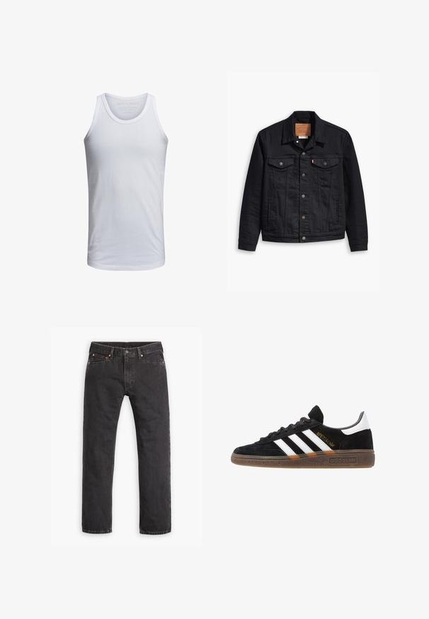 Jacketa din denim negru cu un design clasic cu guler, închidere frontală cu butoane, două buzunare pe piept, cusături detaliate și o etichetă de marcă din piele.; Top din bumbac alb fără mâneci, cu guler rotund, bretele late și o etichetă cu branding minimă imprimată în interiorul gulerului. Textură moale, croială casual.; Jeans negre cu picioare drepte din denim, cu cinci buzunare, închidere cu nasture și nituri de cupru, așezați pe un fundal alb.; Sneaker Adidas negre cu dungi albe, text aurit "Spezial", talpă din cauciuc și tab de călcare alb, prezentat din vedere laterală.