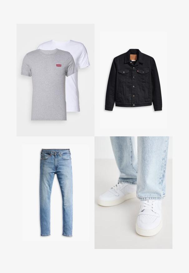 Jaqueta de denim preto com um design clássico de gola, fecho frontal de botão, dois bolsos no peito, costura detalhada e um patch de marca em couro.; T-shirts de algodão em cinza e branco. Design com decote redondo e mangas curtas. A camisa cinza tem um pequeno logo vermelho da Levi's no peito.; Jeans de denim azul claro com um corte straight, cinco bolsos, fecho de botão e um desbotamento sutil por toda a peça.; Sneakers brancos de couro de cano baixo com biqueira perfurada, atacadores planos e design minimalista. Combinados com jeans de ganga de cor azul clara.