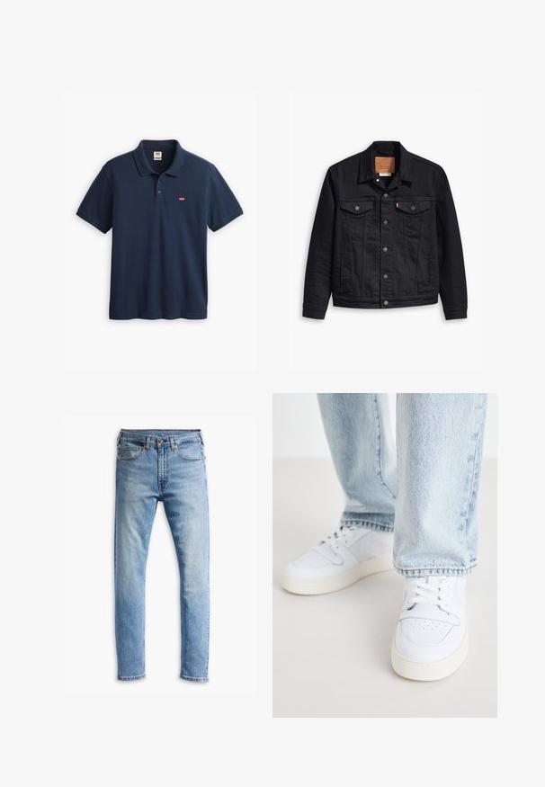 Černá džínová bunda s klasickým límečkovým designem, zapínáním na knoflíky vpředu, dvěma náprsními kapsami, podrobným prošíváním a koženou značkovou nášivkou.; Námořnická modrá polo tričko vyrobené z bavlny, s límečkem, třemi knoflíky a malou nášivkou s logem Levi's na levé straně hrudi.; Světle modré džíny z denimu s rovně střiženým designem, pěti kapsami, zapínáním na knoflík a jemným blednutím po látce.; Bílé kožené tenisky nízkého střihu s perforovaným špičkou, plochými tkaničkami a minimalistickým designem. Spárovány s světle modrými denimovými džíny.
