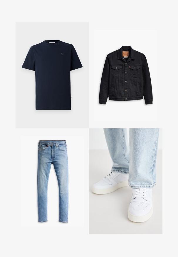 Melnas denima jaka ar klasisku apkakles dizainu, pogu aizdari priekšpusē, divām krūšu kabatām, detalizētu izšuvumu un ādas zīmola uzlīmi.; Tumši zilo kokvilnas t-kreklu ar īsām piedurknēm, apaļo kaklu, diskrētu "WW" logo uz krūšu, un taisnu apakšmalu. Gluda tekstūra, ikdienišķs dizains.; Gai zilgani džinsi ar taisnu piegriezumu, piecām kabatām, pogu aizdari un vieglu izbalējumu pa audumu.; Biezi balti ādas apavi līdz potītei ar perforētu purngalu, plakaniem šņorēm un minimālistisku dizainu. Saskaņoti ar gaiši ziliem džinsiem.