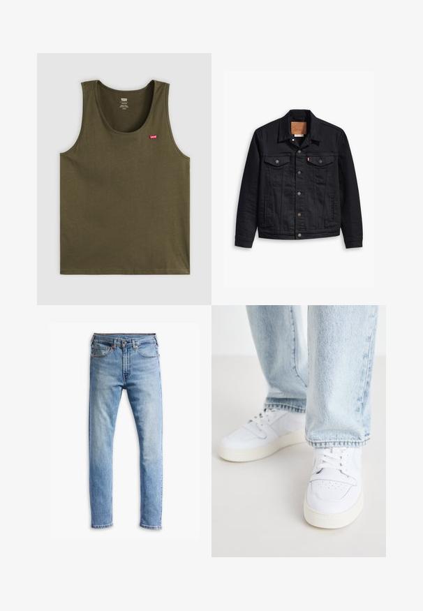 Jaqueta de denim preto com um design clássico de gola, fecho frontal de botão, dois bolsos no peito, costura detalhada e um patch de marca em couro.; Camisola de alças verde-oliva feita de tecido macio, com decote redondo e um pequeno logótipo vermelho no lado superior esquerdo. Design simples, sem padrões ou detalhes.; Jeans de denim azul claro com um corte straight, cinco bolsos, fecho de botão e um desbotamento sutil por toda a peça.; Sneakers brancos de couro de cano baixo com biqueira perfurada, atacadores planos e design minimalista. Combinados com jeans de ganga de cor azul clara.