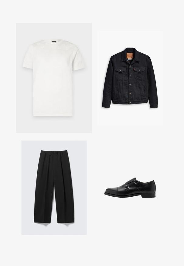 Giacca in denim nera con un design classico con colletto, chiusura frontale a bottoni, due tasche sul petto, cuciture dettagliate e una patch in pelle con il marchio.; T-shirt bianco in cotone con maniche corte, dotato di un delicato motivo testurizzato sulla parte superiore anteriore. Collo a giro, vestibilità standard.; Pantaloni neri a gamba larga realizzati in tessuto leggero, con vita elastica regolabile e senza tasche visibili.; Scarpe doppie monk in pelle nera con punta arrotondata e fibbie argentate. La texture liscia e il tacco piatto offrono stabilità.