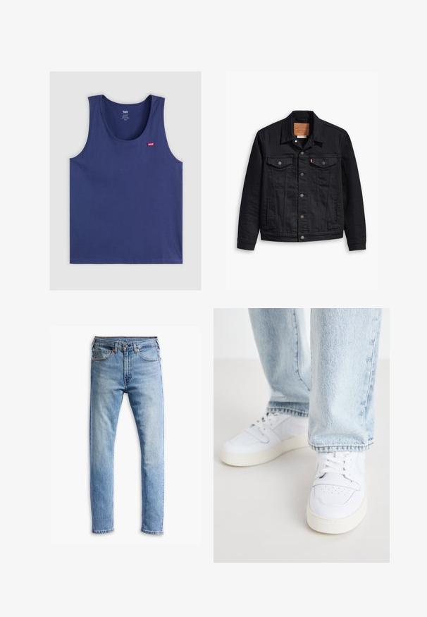 Fekete farmerdzseki klasszikus galléros kialakítással, gombos elülső zárással, két mellzsebbel, részletes varrással és bőr márkajelzéssel.; Tengerészkék, ujjatlan trikó, puha anyagból készült, lekerekített nyakkivágással és kis piros Levi's logóval a bal mellen.; Világoskék farmernadrág egyenes szabásban, öt zsebbel, gombos záródással és finom kopással az anyagon.; Fehér bőr alacsony szárú sportcipők perforált orral, lapos fűzőkkel és minimalista kialakítással. Világoskék farmernadrággal párosítva.