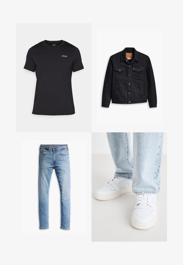 Svart denimjakke med klassisk krage-design, knappelukking foran, to brystlommer, detaljerte sting og et lærmerke.; Svart kortermet T-skjorte laget av bomull, med ribbet rund hals og en liten grå FILA-logo på venstre bryst.; Lyseblå denimjeans med rett snitt, fem lommer, knappelukking og subtil falming over stoffet.; Hvite lær lave sneakers med perforert tå, flate lisser og minimalistisk design. Kombinert med lyseblå denimjeans.